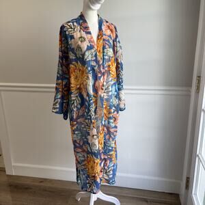 Women XL Long Floral Kimono Duster Blue Long Sleeve Open Front Side Slits